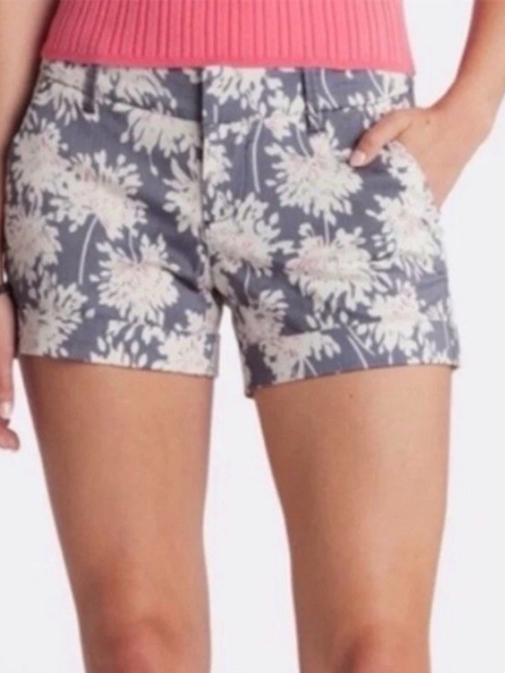 Dear John Floral Print Cuffed Shorts Womens 29 Gray White Pink Stretch